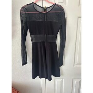 Kendall & Kylie Black Mesh Panel Long Sleeve Mini Dress Gold Zipper Medium